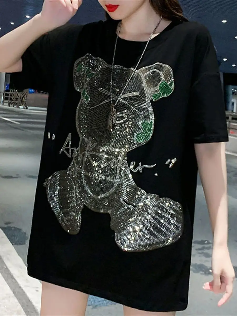 4XL Diamonds Bear Print Tshirt Streetwear Loose Summer Cotton T Shirt Women Harajuku Punk Short Sleeve Tops Tee Hip Hop Tshirts