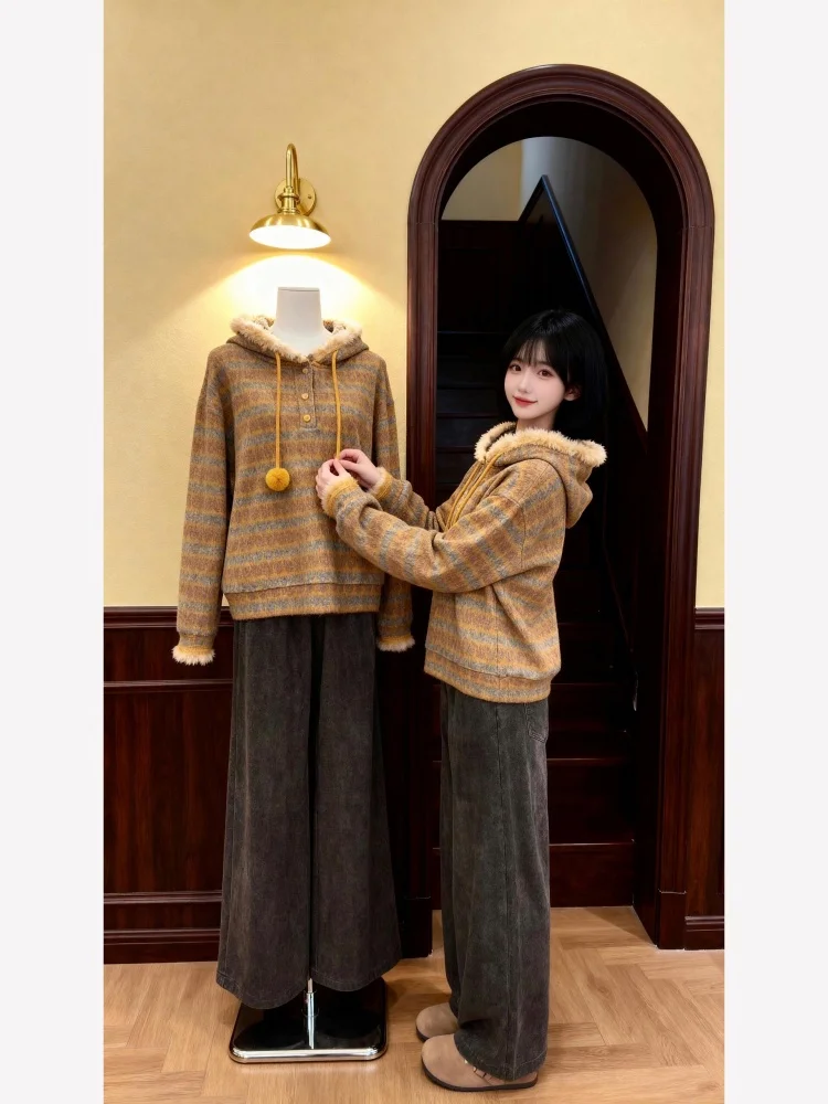 

Корейский полосатый вязаный свитшот в стиле ретро, свободный крой, модный женский топ, красивый свободный длинный свитшот Sve Crew Ne