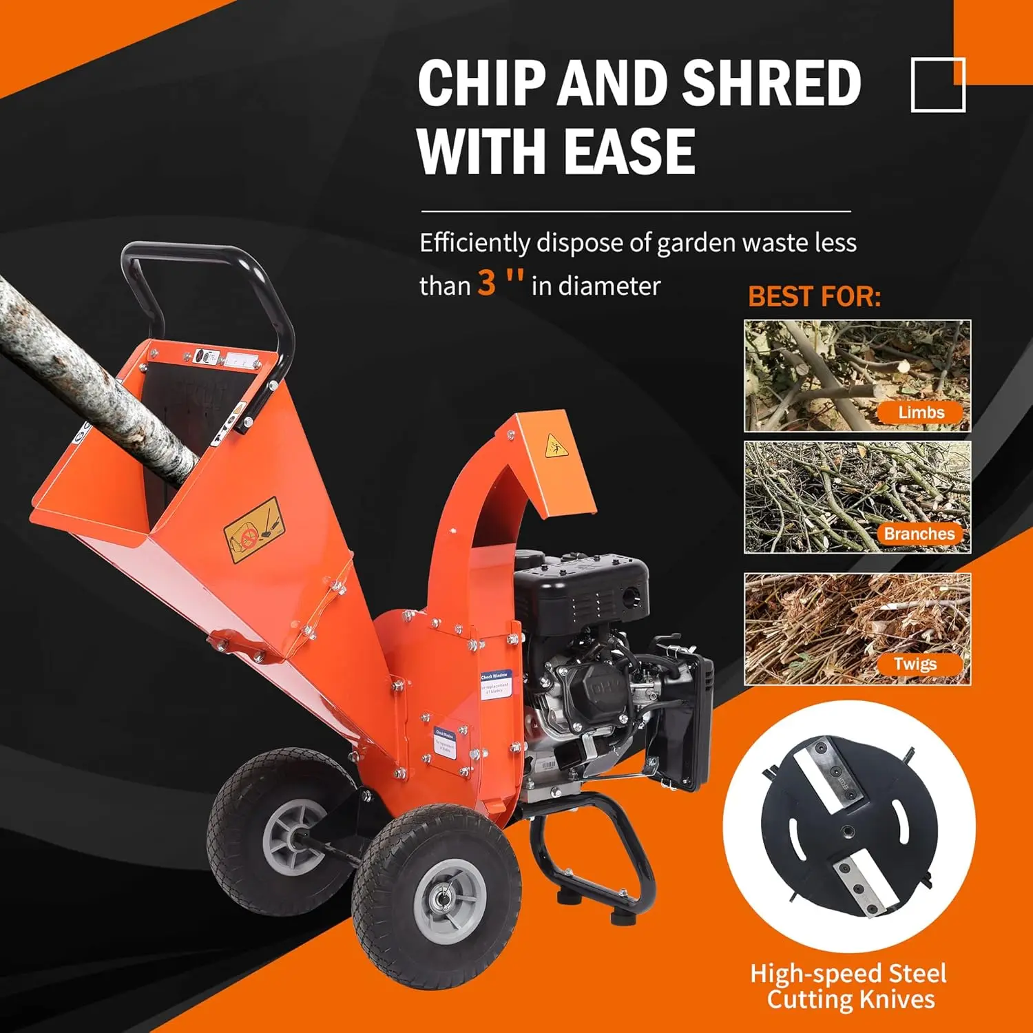 

Wood Chipper Shredder Mulcher Heavy Duty 7 HP 212cc Gas Powered 3 Inch Max Capacity