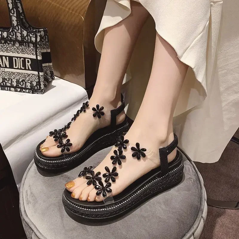 Clear Platform Sandals for Women Summer 2024 One Word Black Beach Ladies Shoes Outdoor Open Toe Buckles Footwear Roman Style Vip