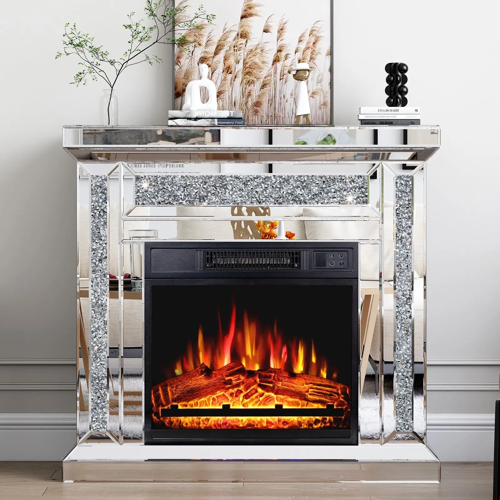 SHYFOY 31.5'' Electric Fireplace with Crushed Diamond Silver Mirror Frame