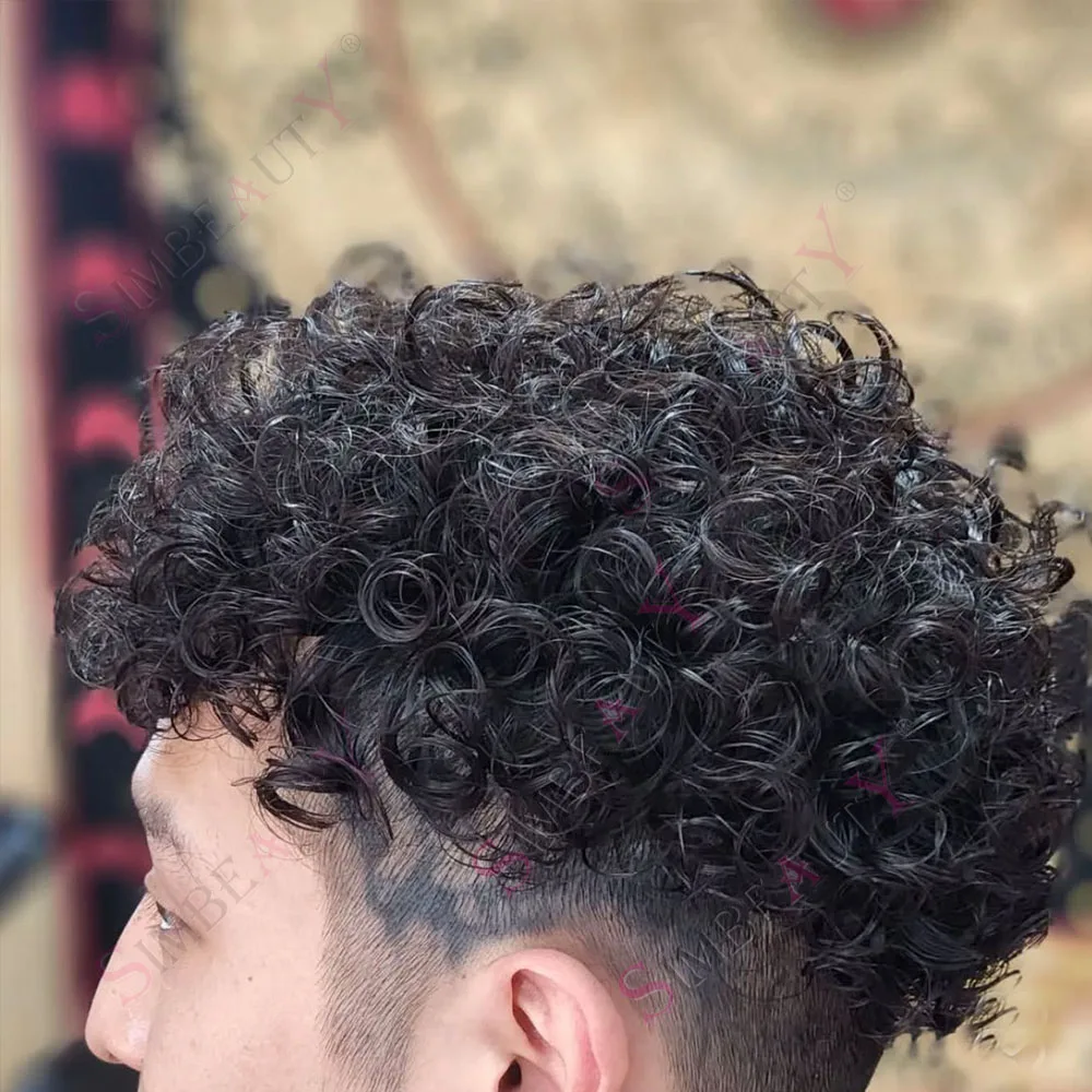 

20 мм вьющиеся прически, супер прочные мужские серые, черные человеческие волосы, полный парик из искусственной кожи для инъекций, мужские блоки, система замены Prosthesi