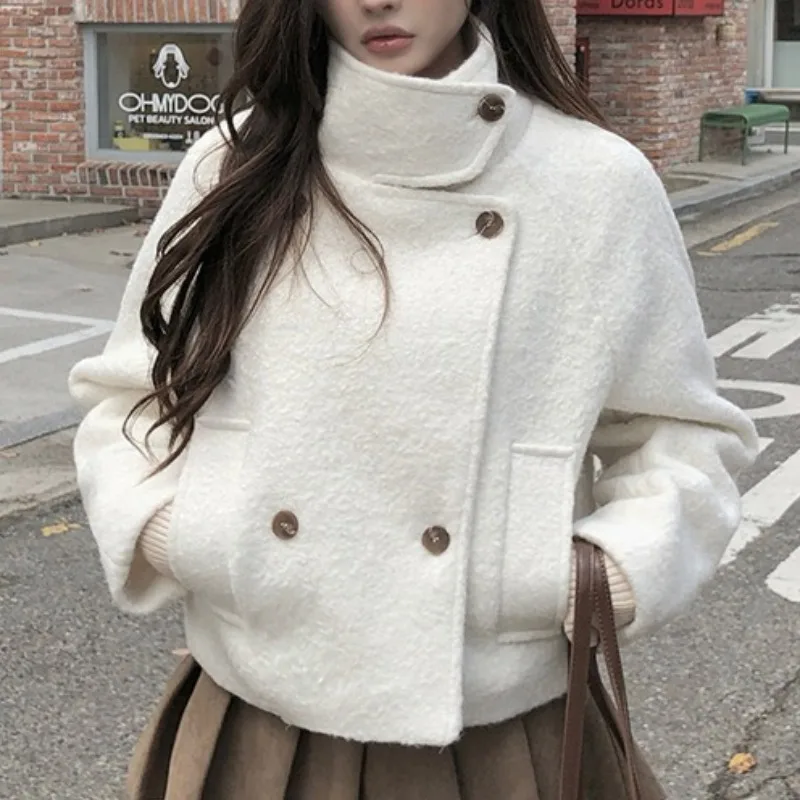 

Шикарное зимнее винтажное шерстяное тюре, женское теплое пальто, двубортное корейское пальто прямого кроя из полиэфирного волокна, длинное свечение