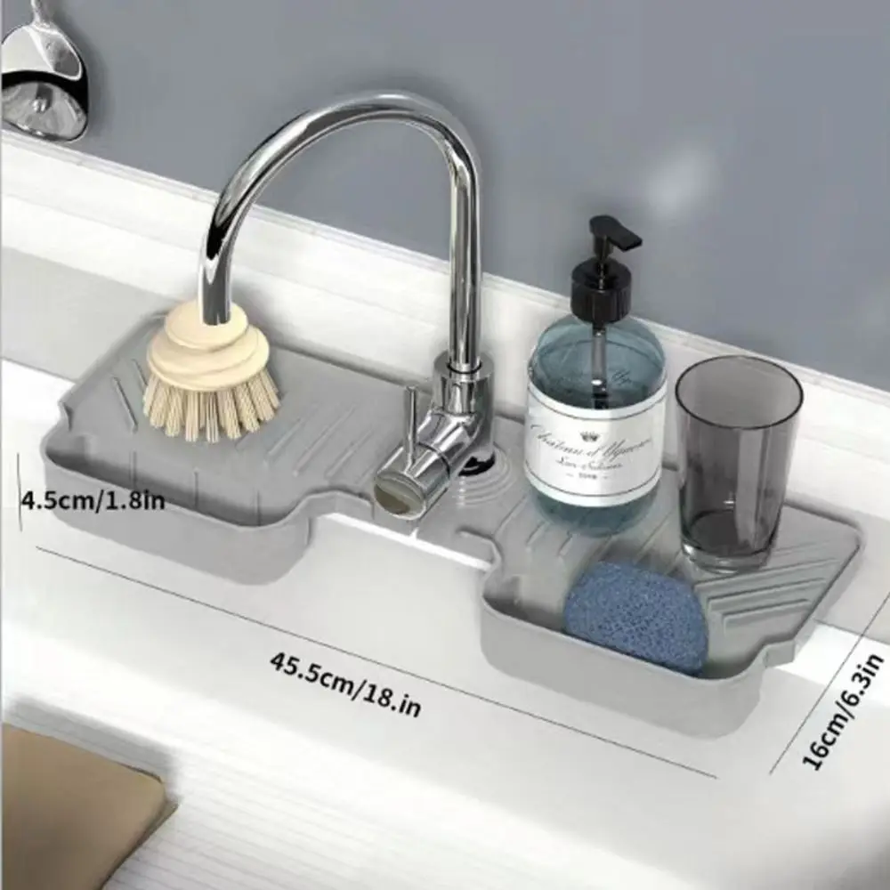 Silicone Faucet Splash Guard Mat Soft Splash Proof Faucet Water Catcher Mat with Dish Sponge Holder Self Draining