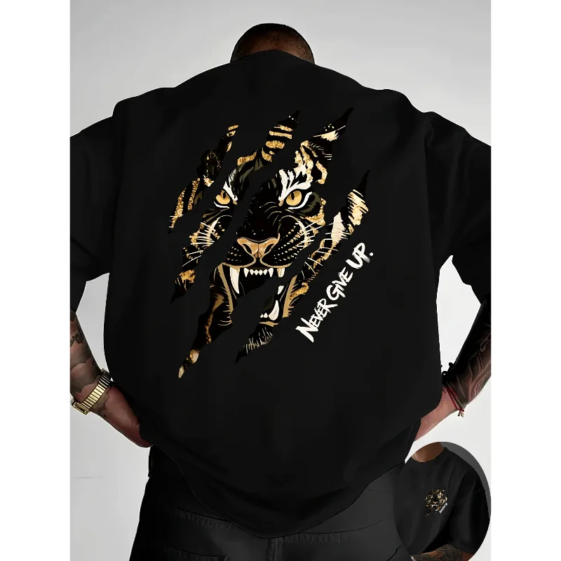 Men Tiger Graphic T-shirt Unisex O Neck Short Sleeve Tee Never Give Up Slogan Summer Casual Streetwear Oversized Cotton Tops
