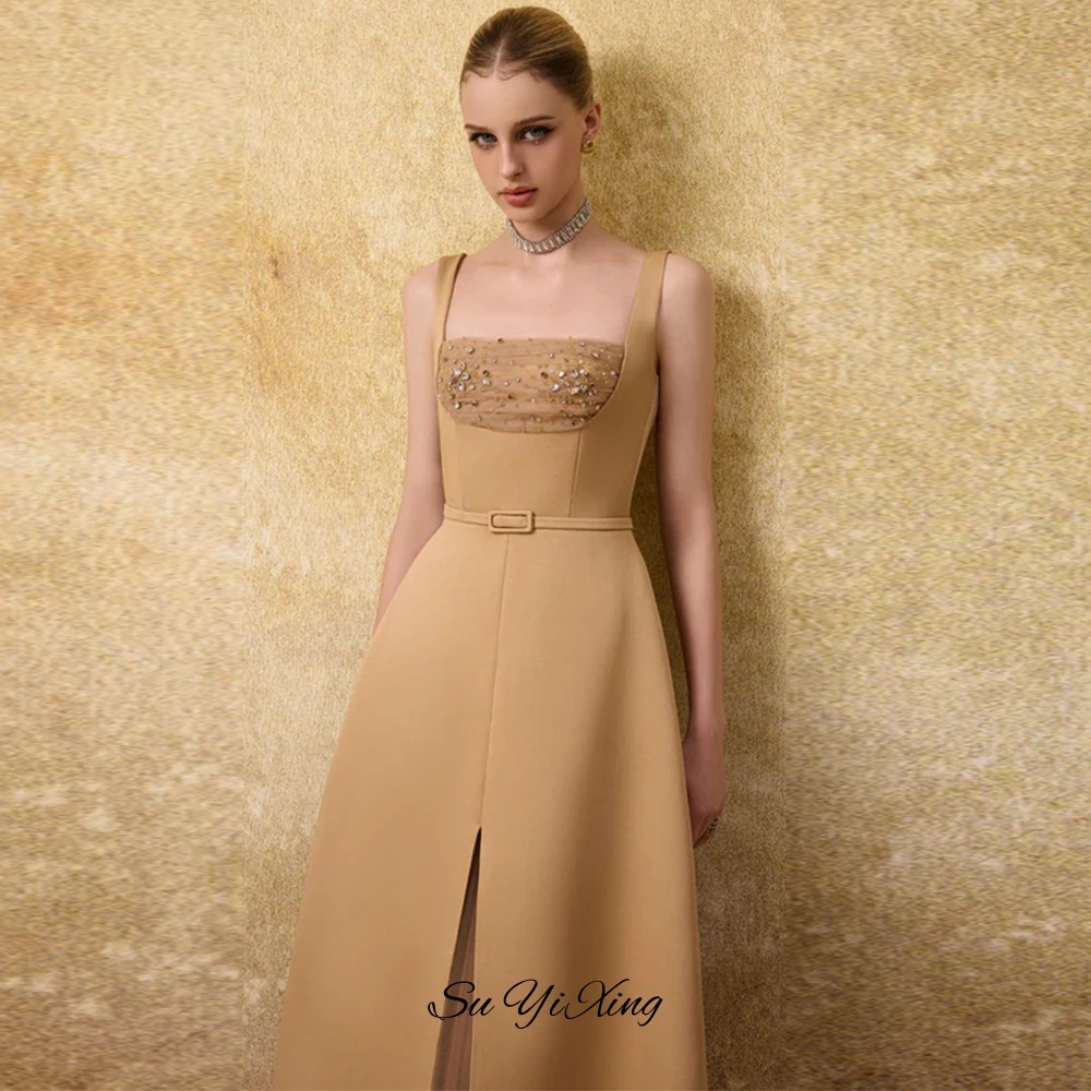 Formal Square Collar Sleeveless Evening Dress Customized A-Line Jersey Robe de soirée Exquisite Crystal Front Slit Party Dresses image 5