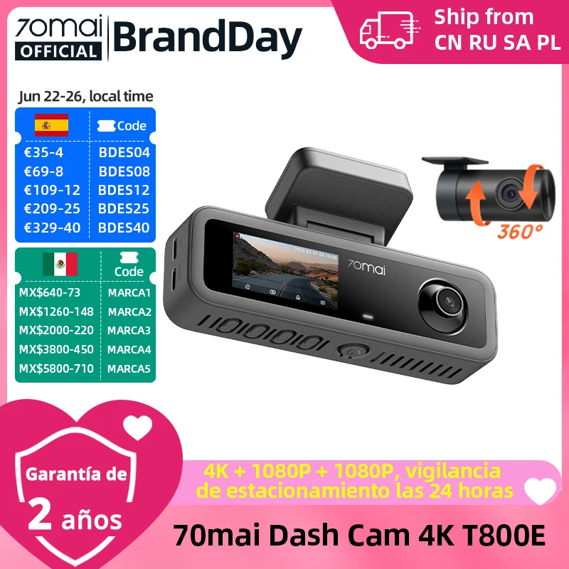 【Almacén de México】70mai 4K T800E 3-Channel Dash Cam Control de voz interior delantero trasero 24H Parking Surveillance 3-in-1 4K Car DVR 70mai T800E
