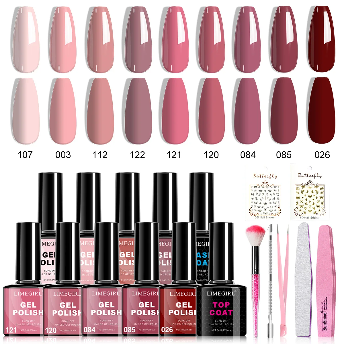 LIMEGIRL 9-Color جل طلاء الأظافر مجموعة بريق الوردي طلاء الأظافر UV LED نقع الورنيش هلام مع فراشة ملصق هلام مجموعة طلاء الأظافر