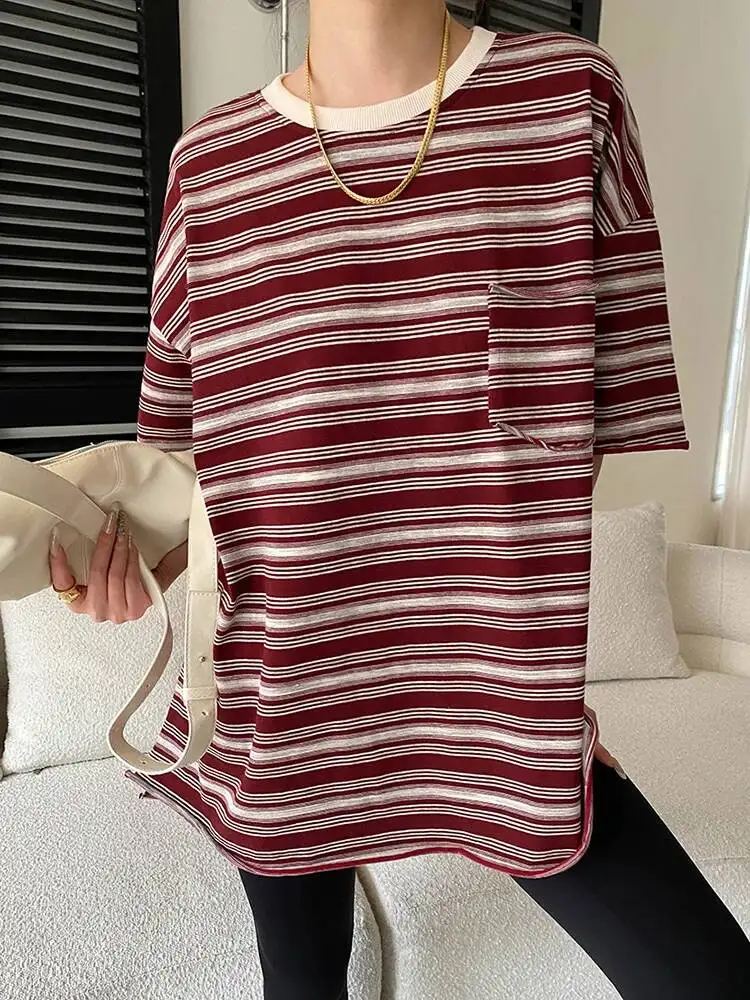 

Women Black Striped Vintage Big Size Casual T-shirt New Round Neck Half Sleeve Fashion Tide Spring Summer