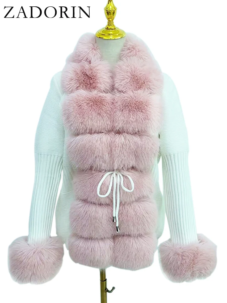 ZADORIN Herbst Winter Damen Kunstpelzmantel Luxus Strickpullover Pelz-Cardigan Abnehmbarer Kragen Weiß Rosa Jacke Kunstpelzmäntel