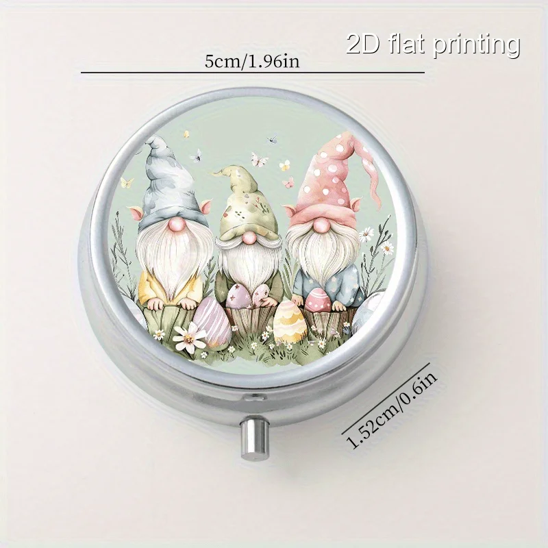 Easter Gnome Pattern Printed Round Box, 3-Compartment Box, Mini Portable Box Suitable for Travel, Outdoor Activities, or as a Portable Box for Wallets and Bags, Multifunctional Metal Box for Decorations, Jewelry, and Earrings, Multi-Compartment Storage Box, Organizer Box, Suitable for Home Travel, Sealed and Moisture-Proof, Unique Small Gift Collection Box