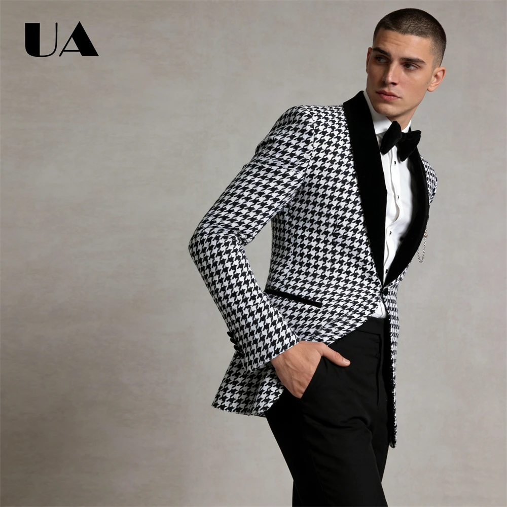 

Casual Trendy 2-Piece Suit Set, Single Button Slim Fitting Suit Jacket with Black Pants Tailored Men's Business Outfit