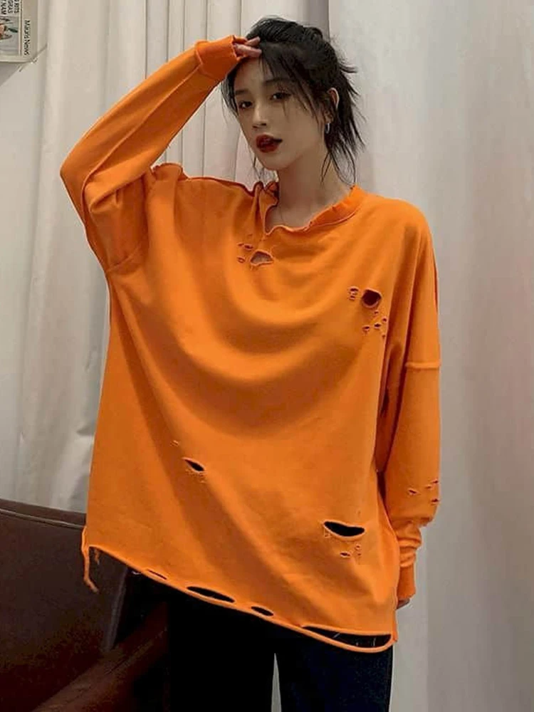 Vgh casual oversized moletom para mulheres em torno do pescoço manga longa retalhos buraco designer pullovers camisolas feminino novo estilo