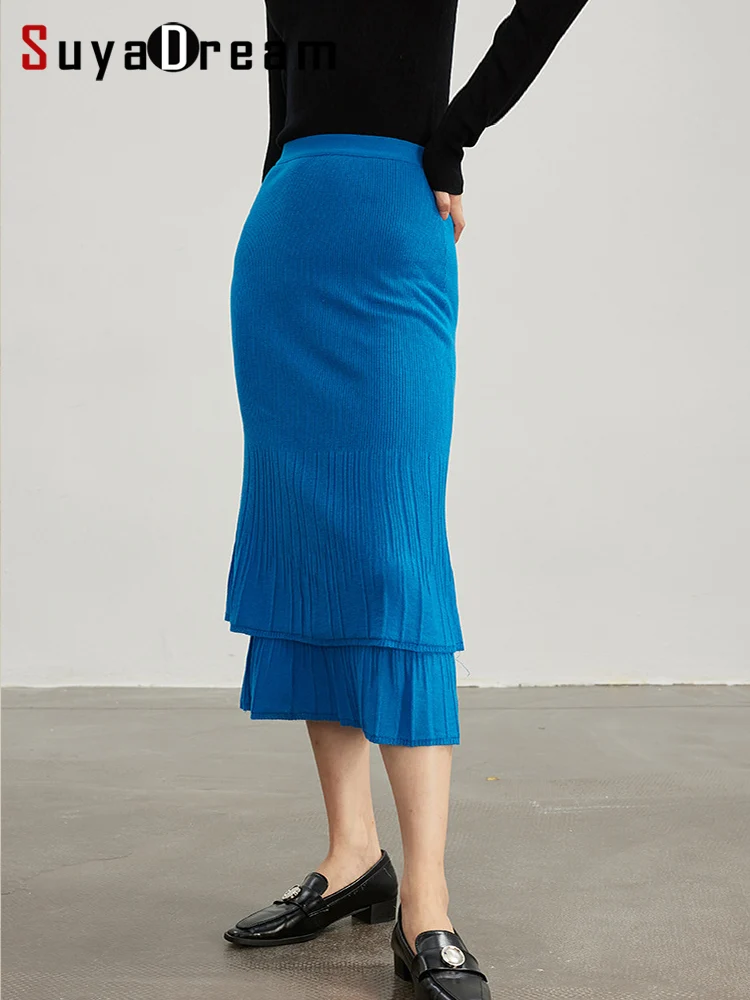 

SuyaDream, Women Long Skirt, 32.4%Sheep Wool, Solid Woolen Knitted Skirts, 2025 Autumn Winter Warm Under Dress, Blue, Wine