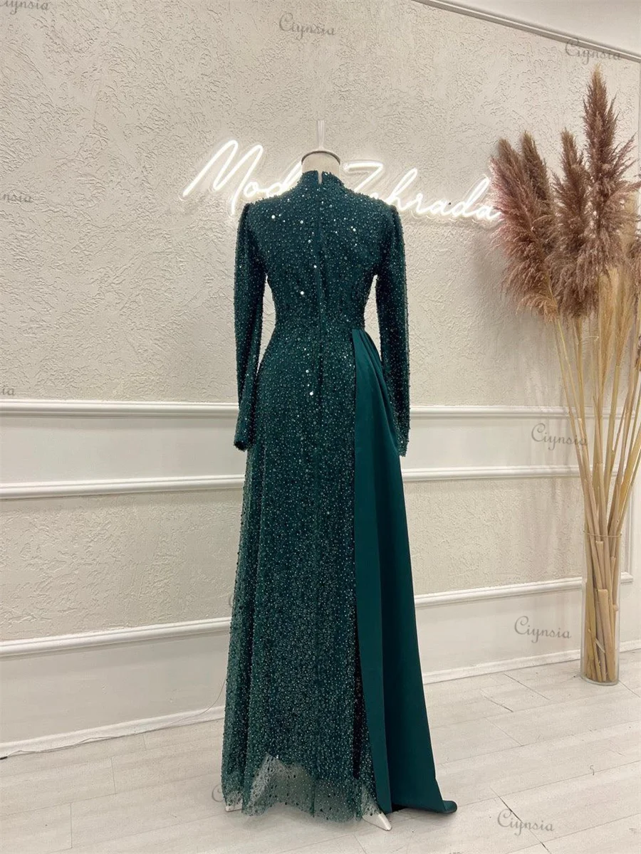 Ciynsia Classic Glitter Evening Dresses For Women High Neck Full Sleeves Formal Party Gowns Islamic Muslim Robes De Soirée