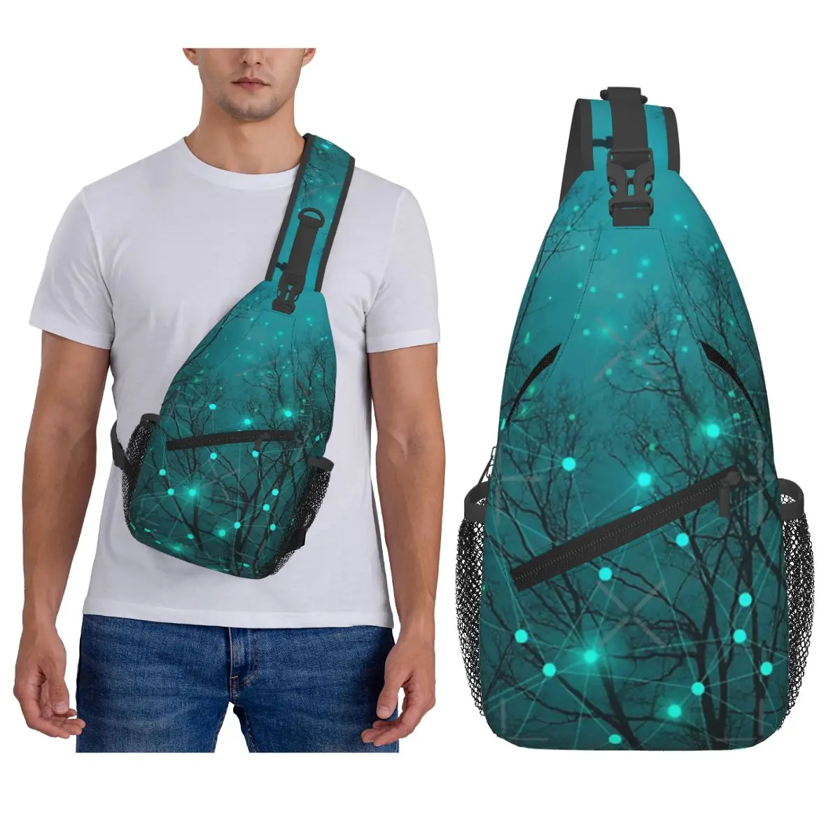 

Black Trees Blue Space Galaxy Nebula Night Sky Chest Bag Men Sling Crossbody Backpack Chest Bag Hiking Daypack Shoulder Bag