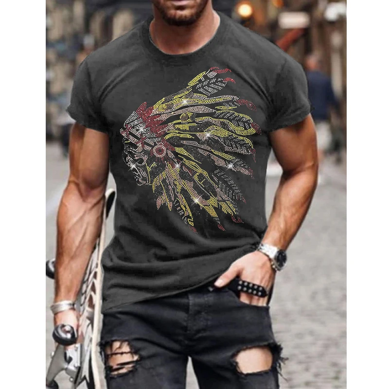 Fashion Men\'s Clothing Oversized Tee y2k Indian Rhinestone Designer Short Sleeve Tops Hip Hop Casual Street t-shirt High Quality