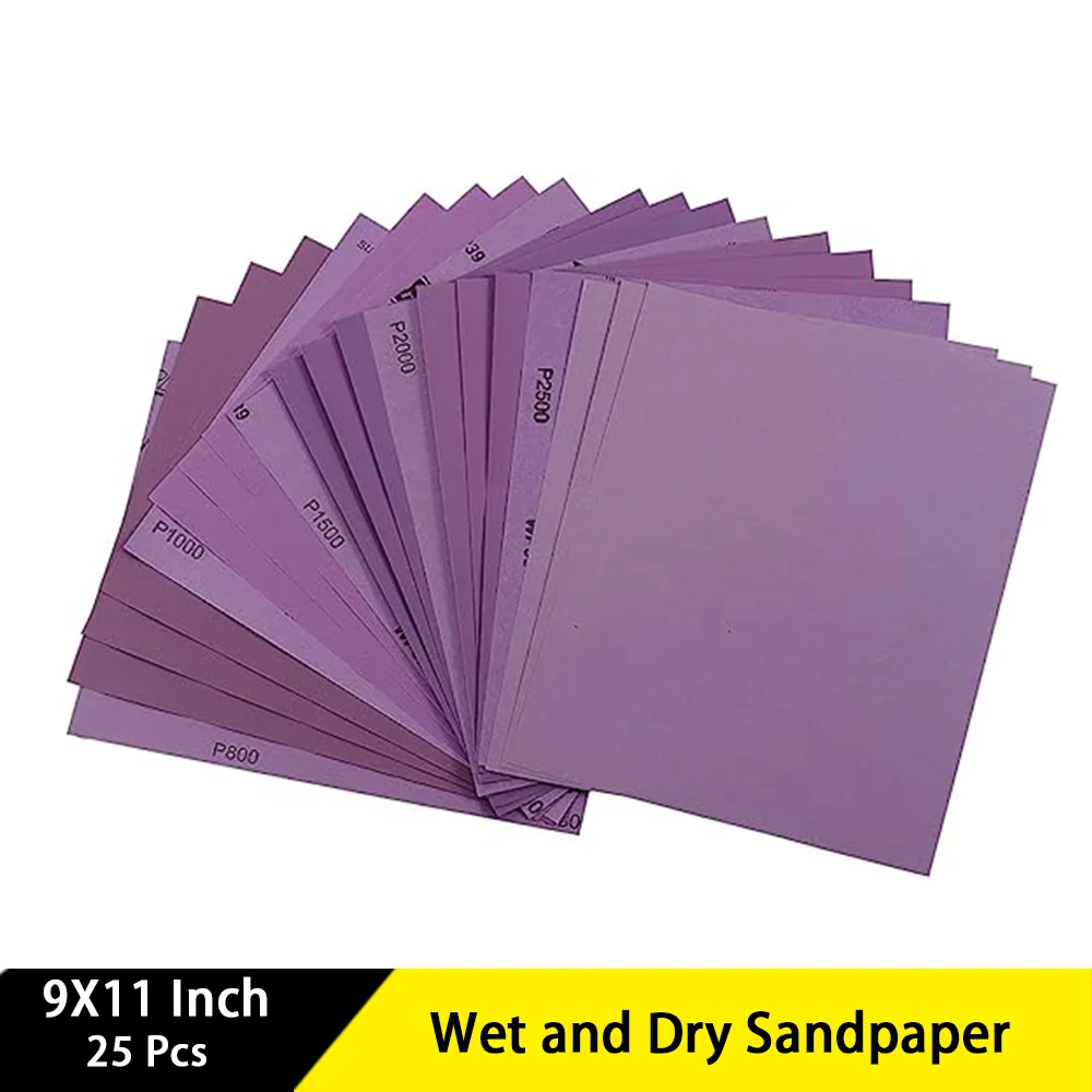 

9 x 11 Inch Wet and Dry Sandpaper 25 Pcs Assorted 800/1000/1500/2000/2500 Grit for Wood Metal Sanding Automotive Polishing