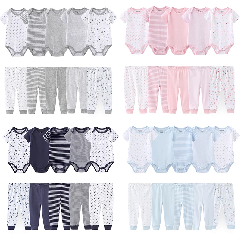 Simple Baby Unisex 10-Pack Clothing Set Cotton Soft Newborn Boy Girl Bodysuits+Pants Suit Short Sleeve Trousers Infant Clothes