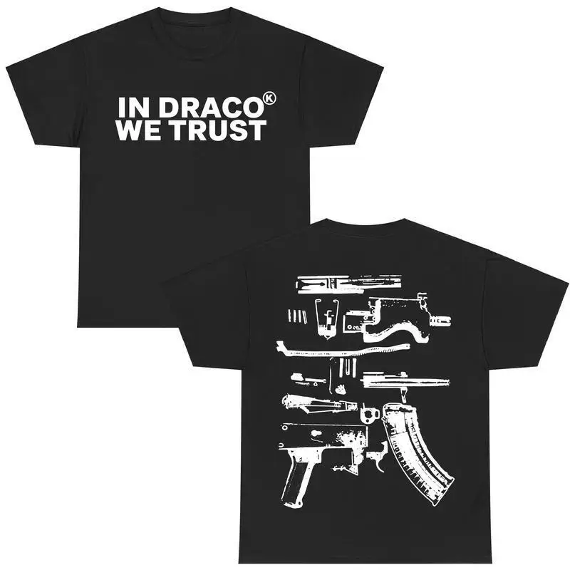 In Draco We Trust Double Sided Tee, Black Color And Graphic T-Shirt