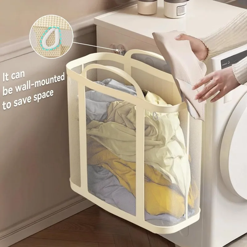 Foldable Laundry Tote, Nylon Mesh Laundry Basket with Sturdy Handles, Large Capacity Collapsible Beach Bag, for Clothes Storage.