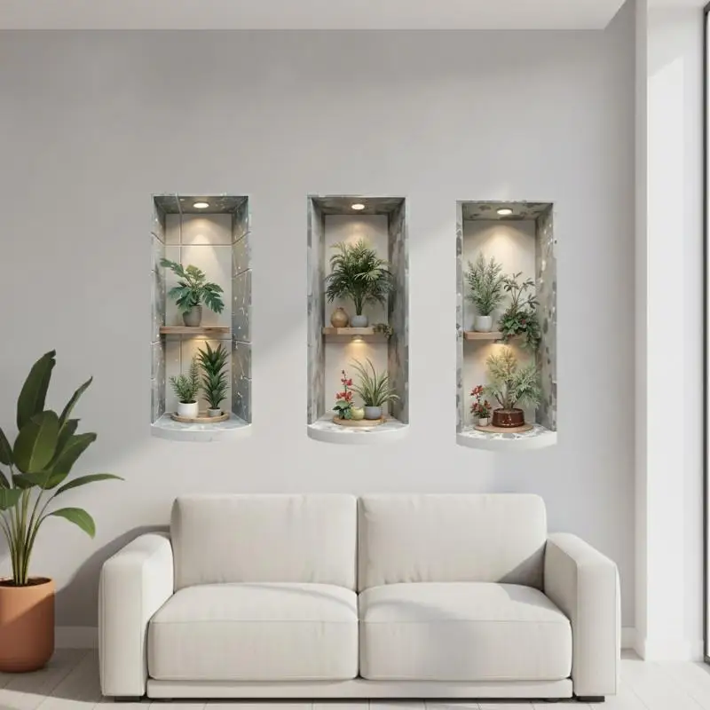 2D Recessed Niche Wall Decals Plant Light Effect Self-Adhesive Waterproof No Residue Decor for Bedroom Nursery