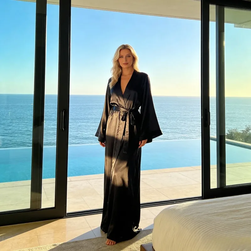 

Long Satin Bathrobe Women Long Sleeve Tie Comfortable Home Robe Full Size Available Soft Luxurious