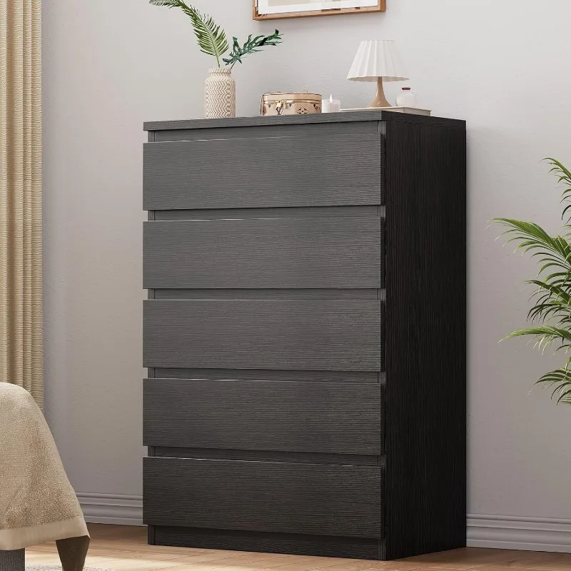 5 Drawer Dresser Black Dresser for Bedroom, Simply Modern Chest of Drawers, Wood Storage Dresser with Deep Drawers for Living