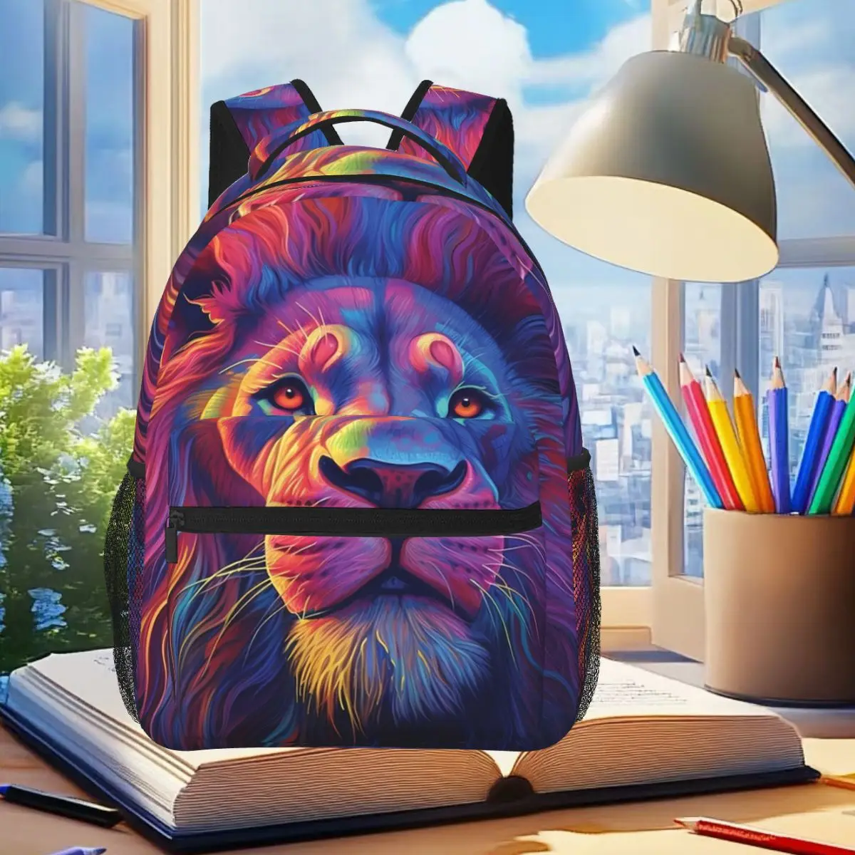 

Neon Colors Lion Wildlife Art Backpack Student Boys Girls BookBag Kids School Bag Computer Shoulder Bags for Men Women