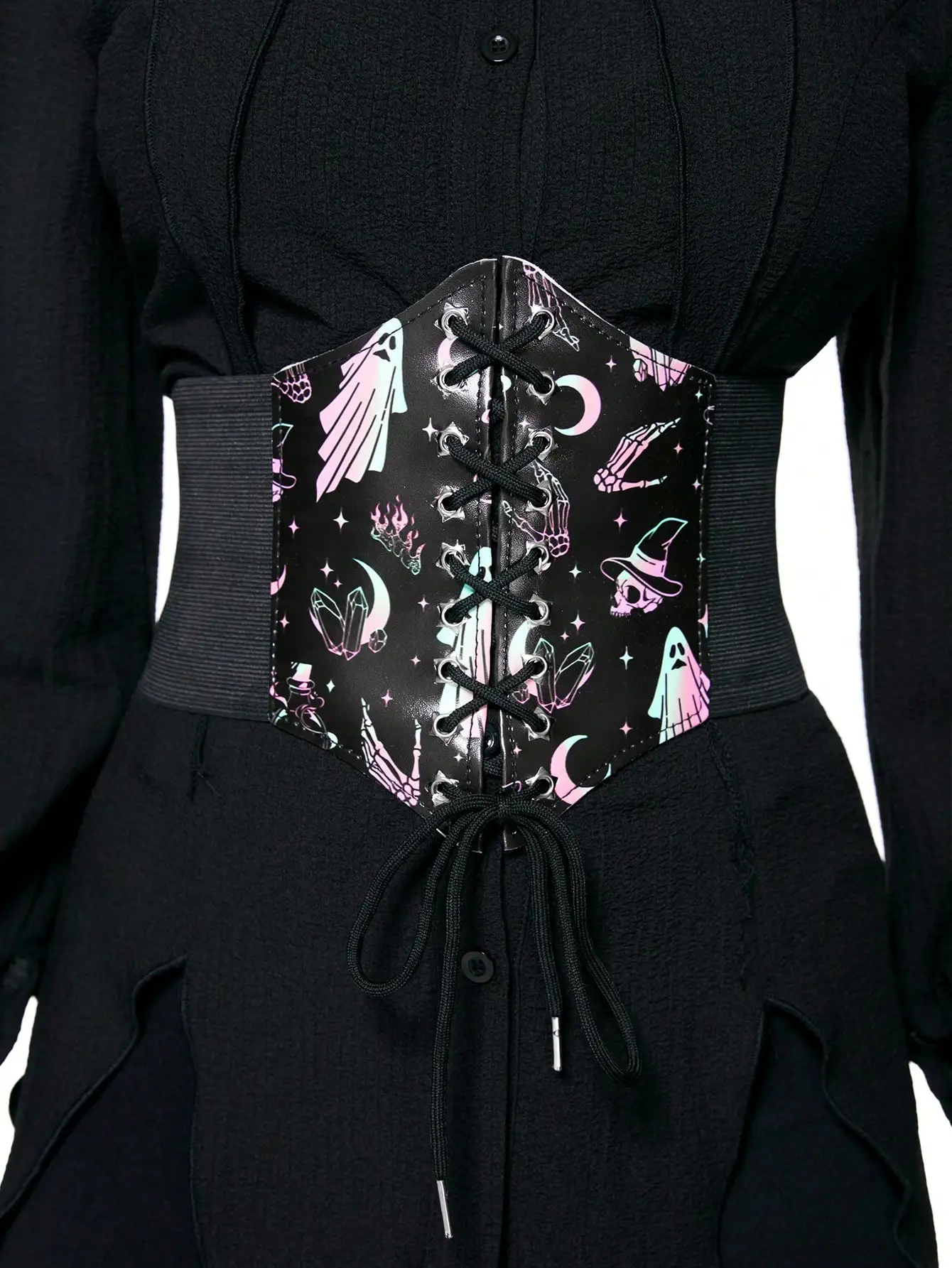 เข็มขัดหกเหลี่ยมพิมพ์ลายผีหลากสีสันสำหรับผู้หญิง HERSHINE 1 ชิ้น สไตล์โกธิค Y2K เหมาะสำหรับชุดเดรสและเครื่องประดับฮาโลวีน