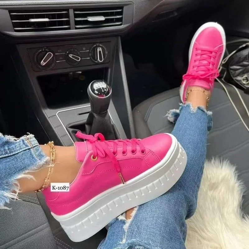 2023 Women Sneakers Solid Color Pu White Shoes Skateboard Height Increased Platform Vulcanized Casual Winter Lady Lace-Up Flats