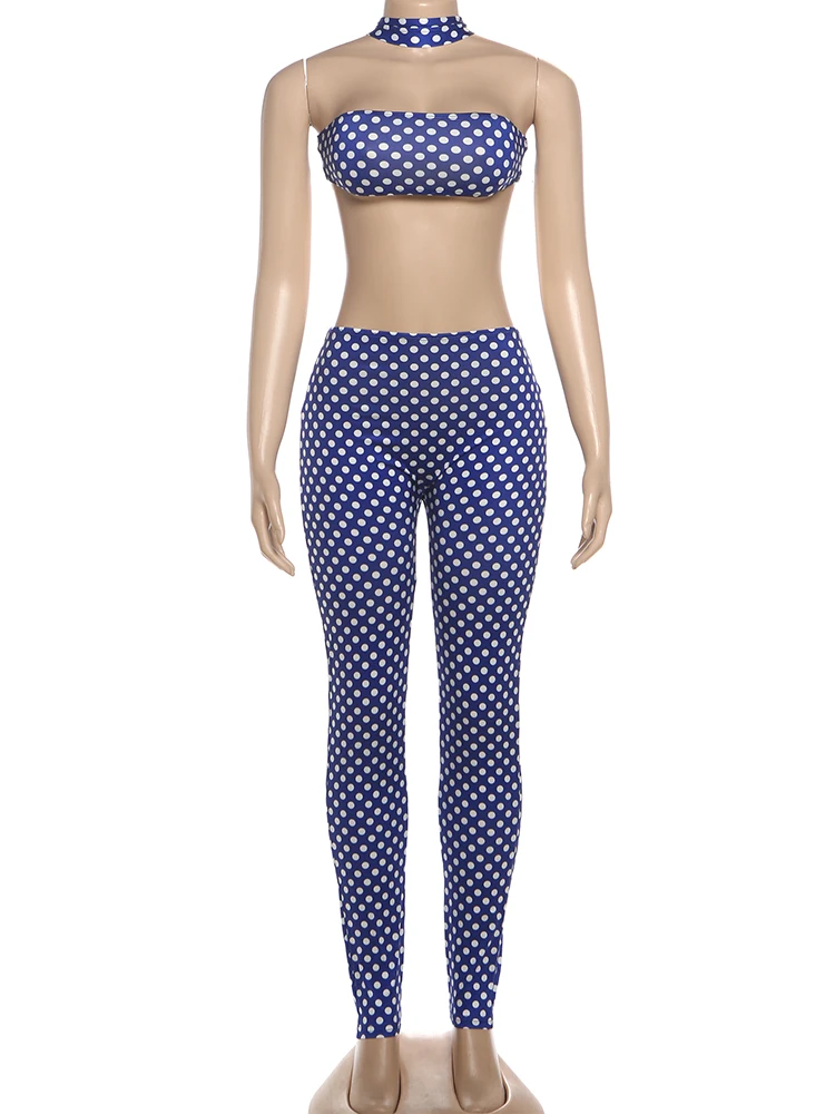 Kliou Sexy Fashion 2 Piece Set Woman Polka Dot Print Irregular Halter Backless Tank Tops+Skinny Long Pants Hot Girls Street Suit - Image 6