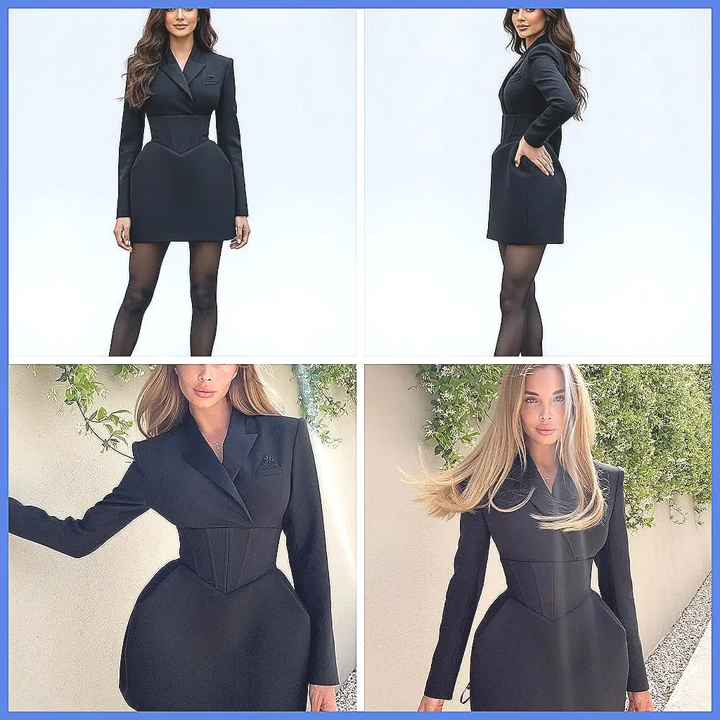 

Elegant Black Mini Blazer Dress for Women, V-Neck Long Sleeve Short Dress with Shoulder Pads