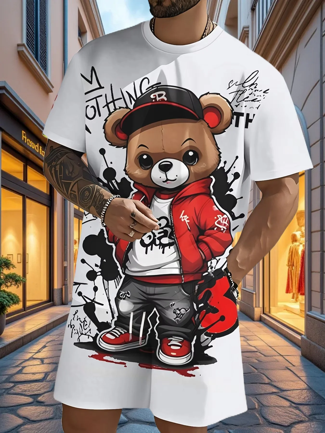 

New Summer Set Men's T-shirt Trendy Men's Street Hip Hop Printed Round Neck Men's Set Fashionable Handsome Sports Two Piece Set