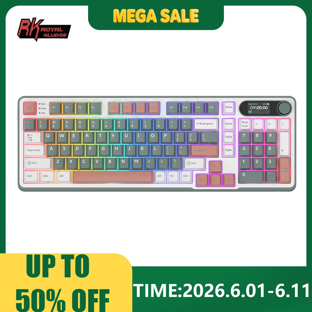 RK S98 ROYAL KLUDGE Top Mount Mechanical Keyboard TFT Screen Knob 96% RGB Backlit Tri-mode Wireless Gaming Keyboard PBT Keycaps
