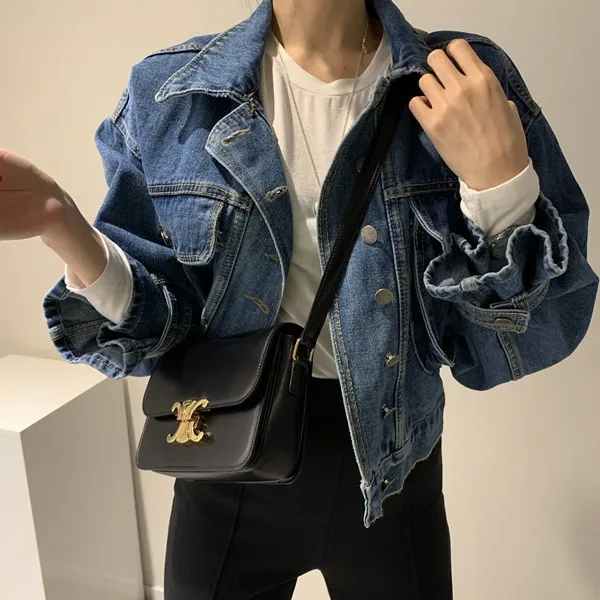 

Retro Waed ort Denim Jaet Women Loose Bell Sve Elastic Splicing Design Sense Top Jaet Trendy Cotton Collar Bu...