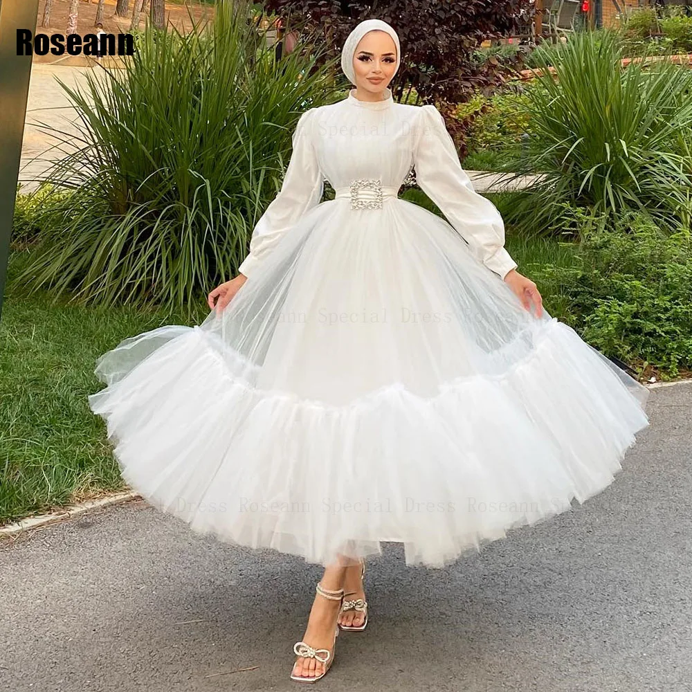 Robes de mariée A-Line à col haut en tulle drapé, robe de mariée pleine longueur, plis exquis, musulman, nouveau, 2024