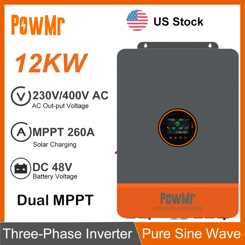 12KW ثلاث مراحل الشمسية الهجين العاكس تيار مستمر 48 فولت إلى 230/400Vac مع 260A المزدوج MPPT شاحن تحكم اثنين من المدخلات الكهروضوئية صالح ل Lifepo4