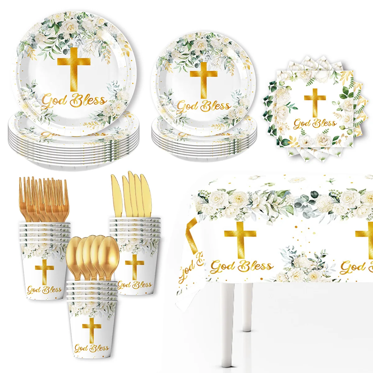 

God Bless Tableware Baby Baptism Cross Birthday Decorations White Dinner Plates Napkins Paper Cups Tablecloths Party Supplies