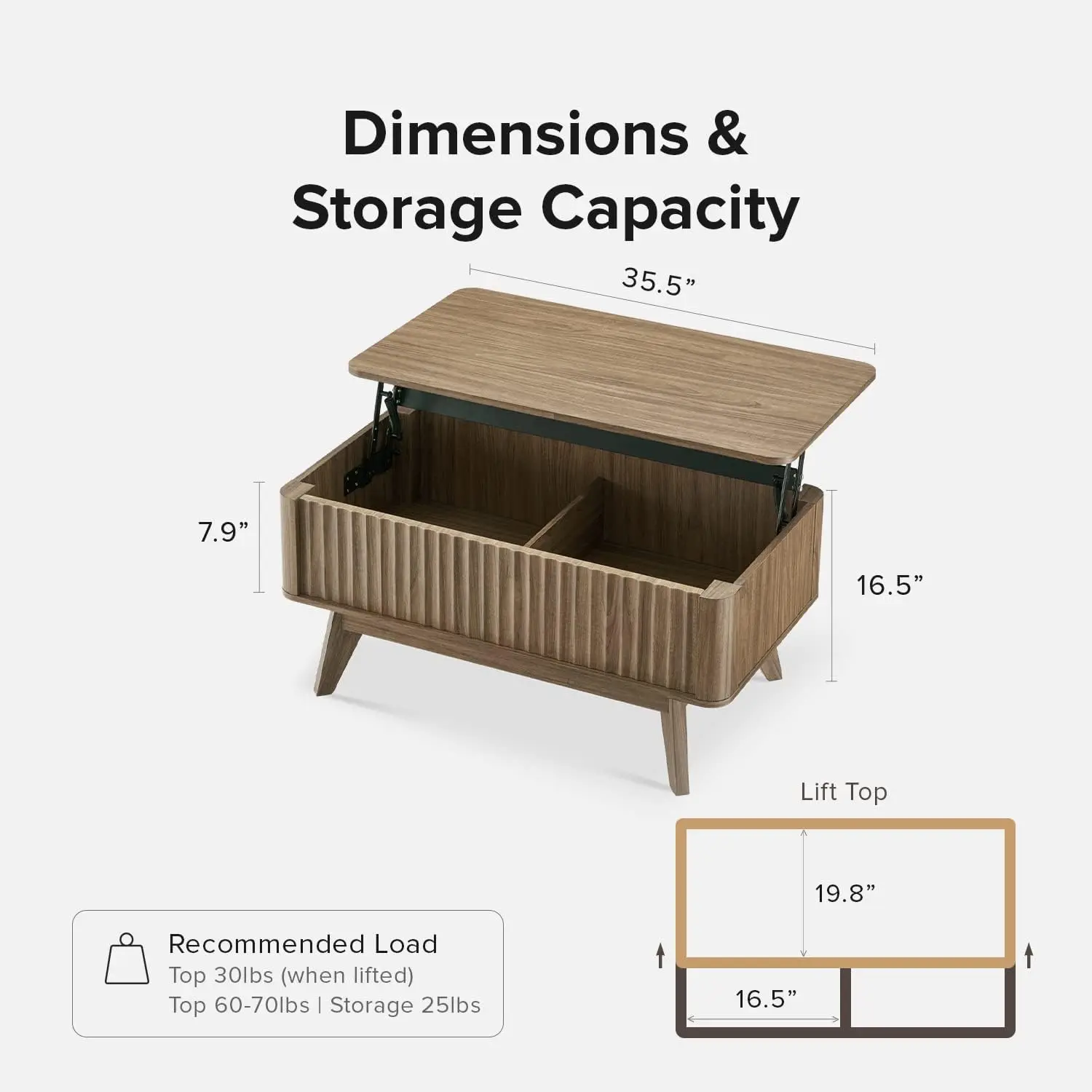 Table basse relevable pour salon, table centrale de ferme moderne du milieu du siècle avec plateau élévateur et rangement GNE