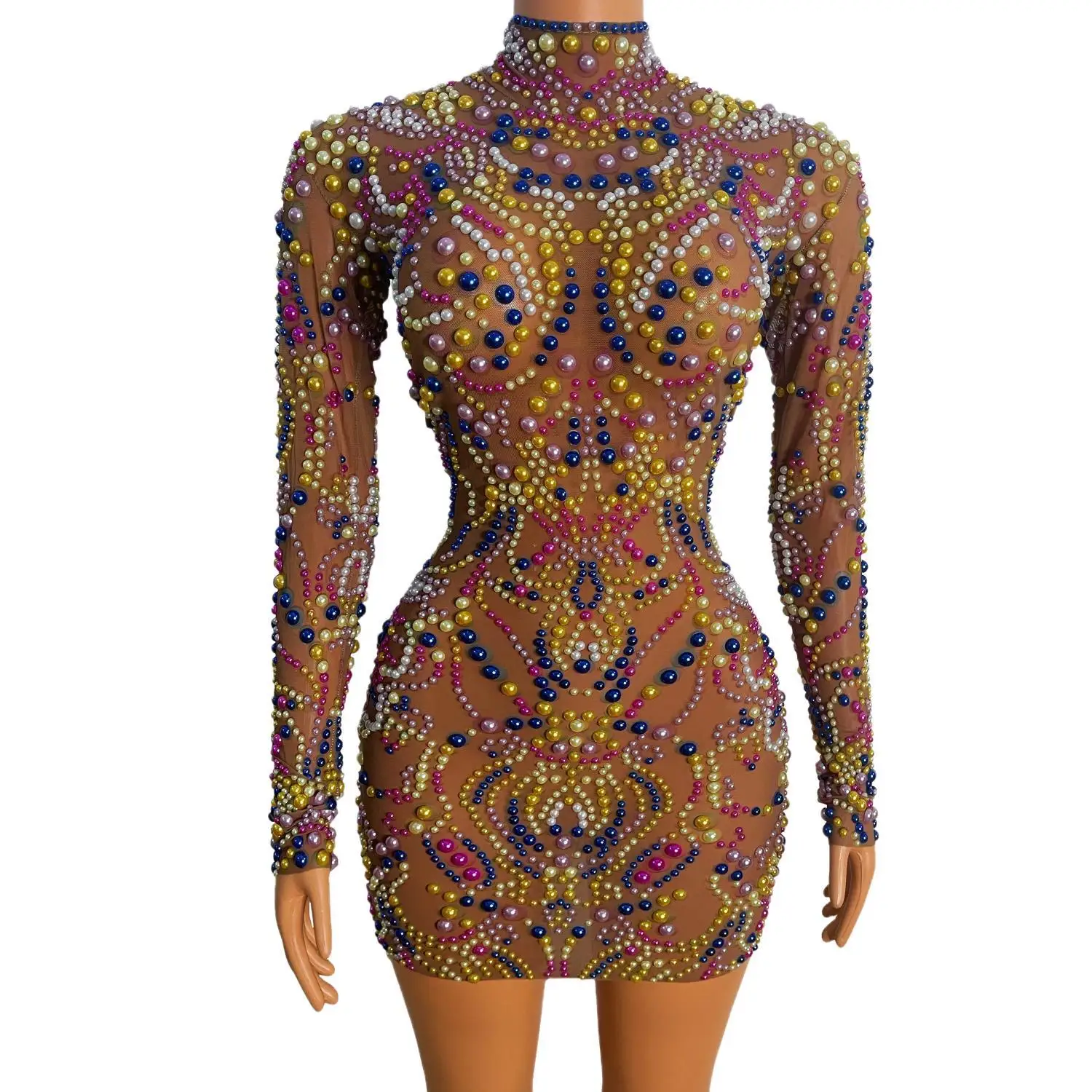 Yeguang Women Nude Mesh Multicolor Pearl Rhinestone Dress Long Sleeve High Neck Crystal Embellished Birthday Party Outfit - view 2