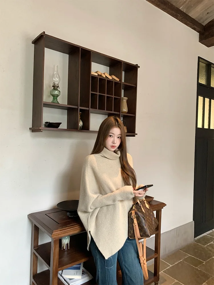 

Ele High Collar Loose Women's Knitted Sweater Fce Long Sve Batwing Sve Color Casual Wear Winter Coat