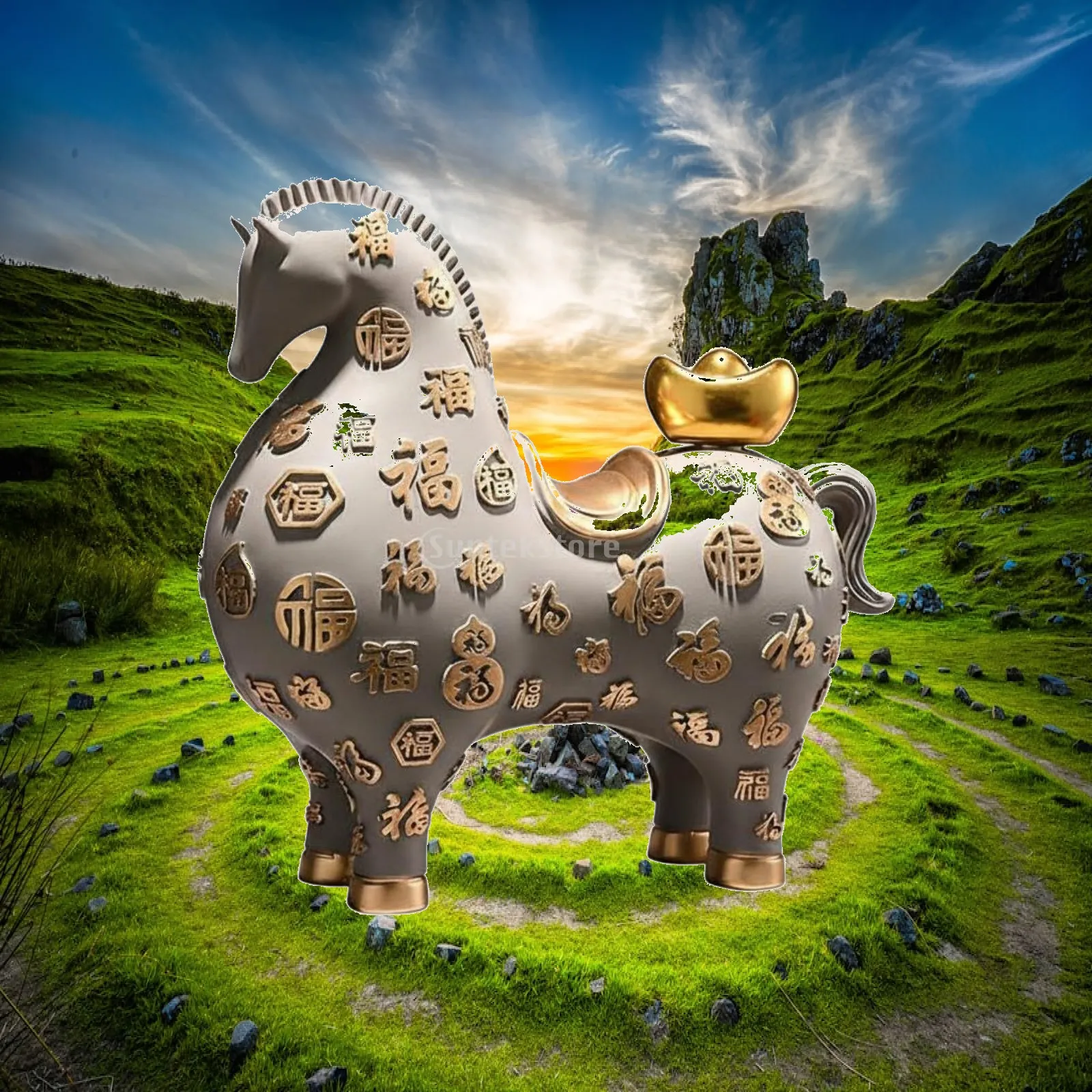 Resin Red Horse Figurine Traditional Chinese Decor Statue with Raised Patterns for Living Room Workplace Shelf