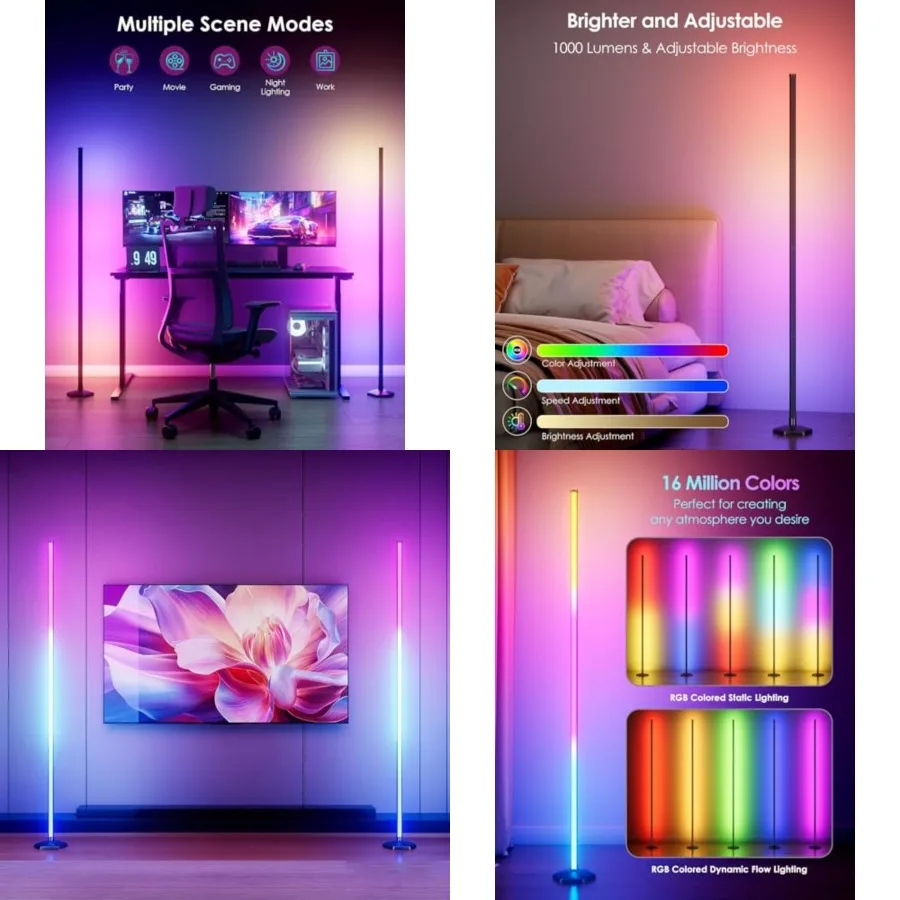 

Corner Floor Lamp, Pack RGB Corner Lamp with App/Remote/Button Control, Smart LED Floor Lamp with 6 Million DIY Colors and 68+