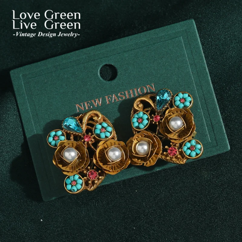 

Vintage Blue Flower Earrings For Woman Turquoise Jewelry Antique Gold Color Natural Stone Stud Pearl Jewelry Luxury Christmas