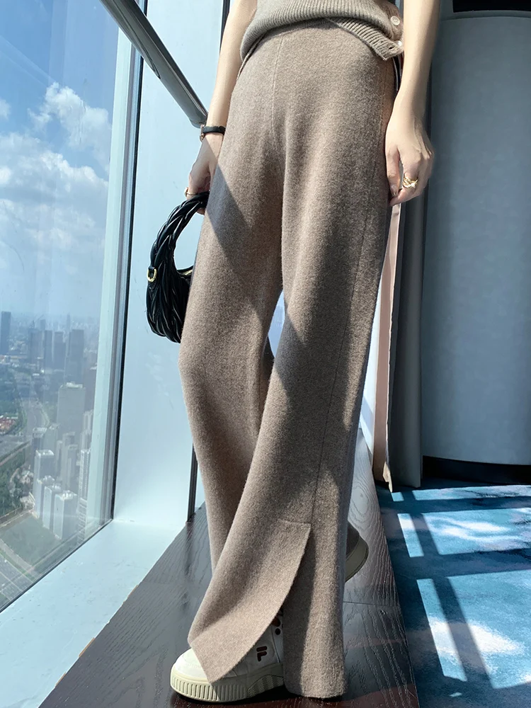 Women's Cashmere Wide Leg Pants Elastic Waist 100% Merino Wool Knitted Slit Design Trousers Grace Fashion Autumn Winter Clothes