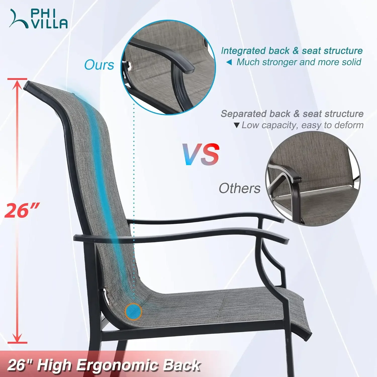 Buiten Eetkamerstoelen, Hoge Rug Textilene Stof Gewatteerde Fauteuils Met E-Gecoat Stalen Frame Voor Patio, Veranda, Dek, Tuin