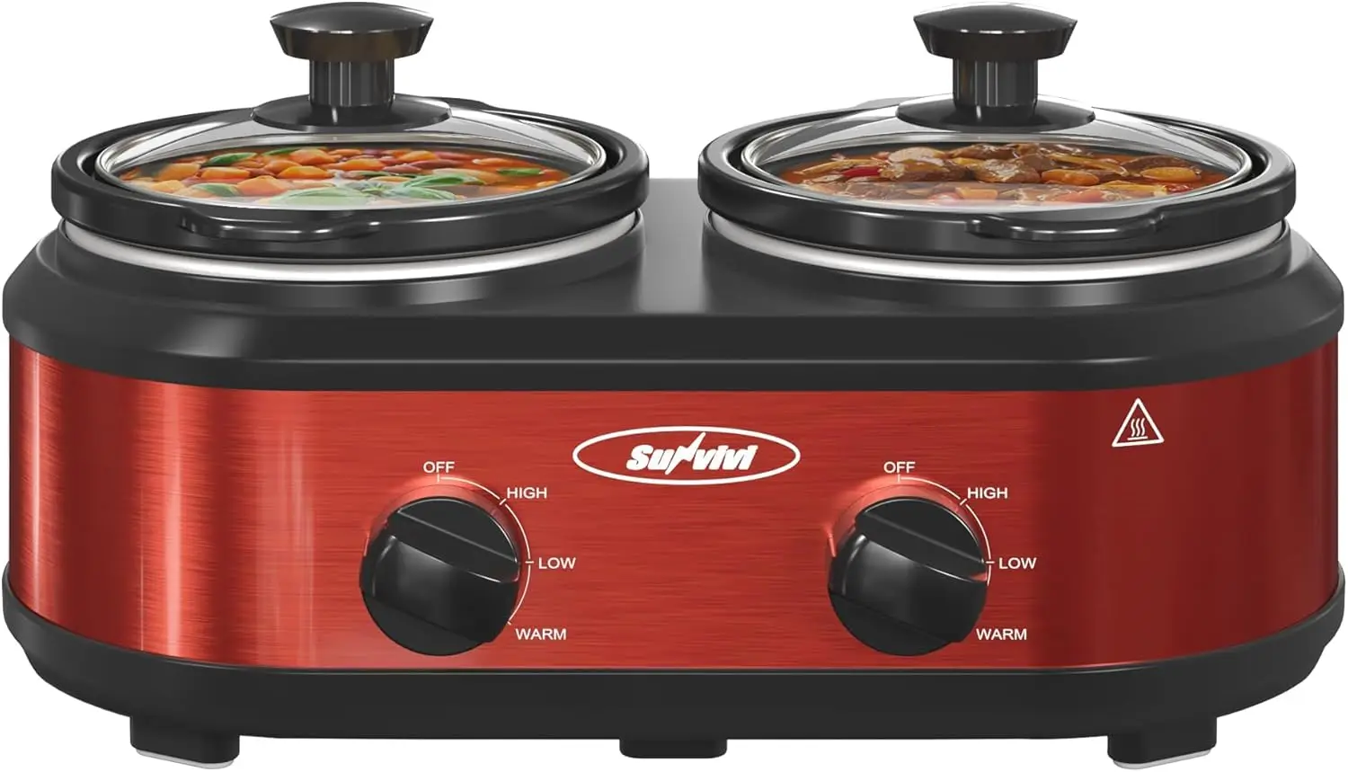 

Dual Pot Slow Cooker with Adjustable Temp, Removable Ceramic Pots, Stainless Steel, 2.5 Qt, Oval Design, Red