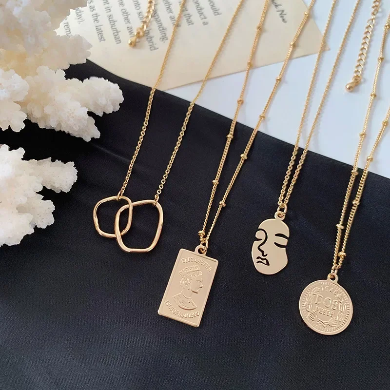 Minar Unique Multiple Abstract Face Round Coin Geometric Pendant Necklaces for Women Gold Plated O-chain Chokers Party Jewelry