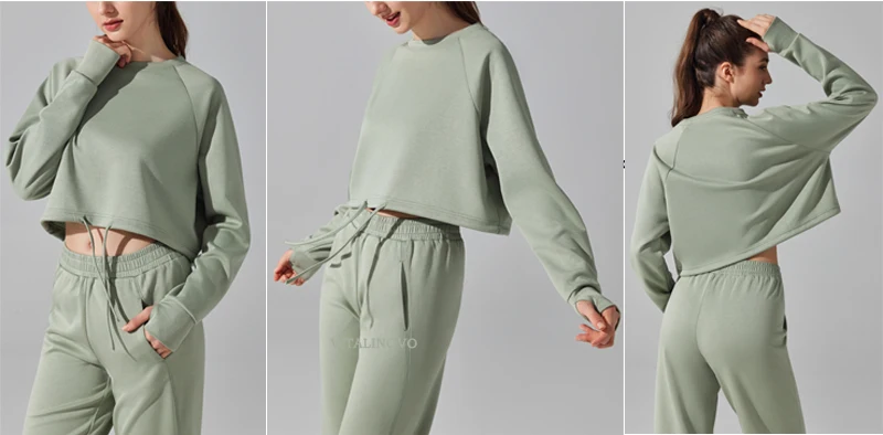 VITALINOVO Weiches, kurzes Sweatshirt mit Rundhalsausschnitt für Damen, langärmelig, Workout-Pullover, Pullover, Daumenlöcher, entspannte, leichte Oberteile – Detail 7